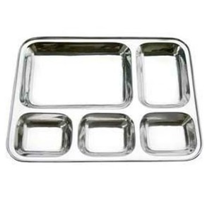 Thali rectangulaire en acier inoxydable fait main en Inde, cinq compartiments, pour le déjeuner et le dîner, article en gros, idéal pour les mariages et les fêtes. - Product Image 1