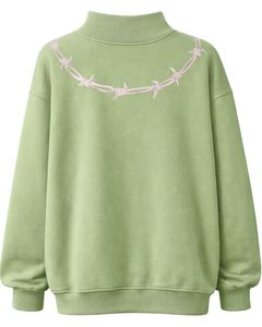 Sweat-shirt en molleton vert clair surdimensionné pour femme, col montant, imprimé fil barbelé, pull décontracté, streetwear d'hiver, coupe ample - Product Image 2