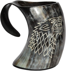 Vikings Valhalla Game of Thrones Stark House Drinking Horn Mug Wolf Carved Tankard for Beer Wine Mead Ale Stein with Handle - Product Image 5