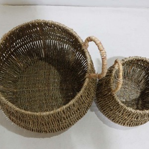 Handwoven Natural Seagrass Round Storage <b>Basket</b> Set Nesting Belly Bins Tall Loop Handles - Product Image 3