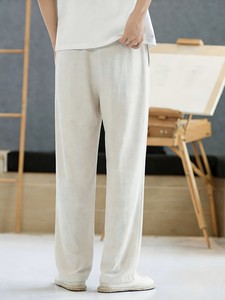 Men's Cotton Casual Pants Elastic Waist Drawstring Lightweight Summer Breathable Straight Fit <b>White</b> - Product Image 4