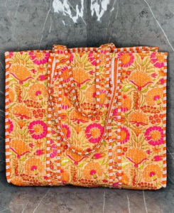 Botanical Print Eco-friendly Cotton Tote <b>Bag</b> | Orange for Quilted Floral Design | Handmade Fashion Shoulder Tote for Women - Product Image 3
