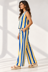 Conjunto coordinado de viscosa a rayas azules y amarillas para mujer – Top sin mangas y pantalones de pierna ancha, atuendo de verano y primavera - Product Image 2