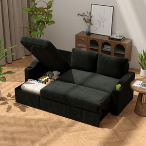 Divano Letto Angolare Moderno Convertibile in Velluto a Coste con Contenitore, Portabicchieri Estensibile e Bracciolo per Soggiorno - Product Image 2