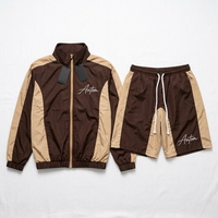 Ensemble veste coupe-vent zippée et short en nylon color block marron beige pour homme, décontracté, respirant, en polyester, pour le sport printanier