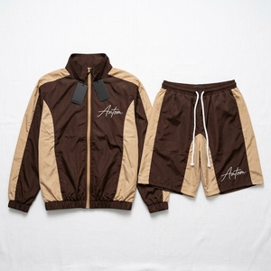 Ensemble veste coupe-vent zippée et short en nylon color block marron beige pour homme, décontracté, respirant, en polyester, pour le sport printanier - Product Image 2