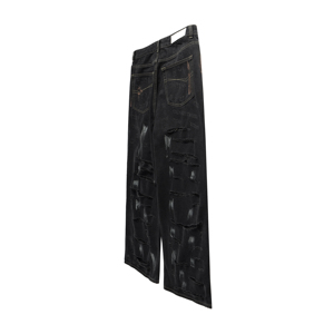 Jean large noir déchiré et vieilli pour homme, taille haute, en coton, style urbain, avec braguette boutonnée, poids moyen, pour l'automne - Product Image 2