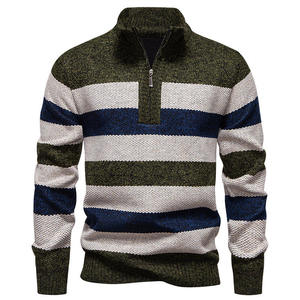 Pull tricoté rayé à col zippé 1/4, manches longues, coupe classique, en acrylique – Meilleure vente automne - Product Image 5