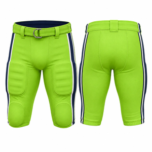 Pantalon de football américain rembourré pour homme, fabriqué en usine, vert avec rayures blanches marine, ajusté, fermeture à ceinture en maille, vêtements de sport pour adultes - Product Image 1