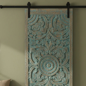 Puerta Corredera Rústica de Madera Tallada Color Verde Azulado, Estilo Antiguo, con Mandala Floral Hecho a Mano para Entrada Interior - Product Image 4