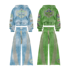 Ensembles deux pièces personnalisés avec appliques brodées, en molleton délavé à l'acide, comprenant un pantalon de survêtement à double taille et un sweat à capuche zippé - Product Image 1