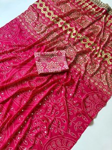 Sari de soirée brodé miroir en soie crêpe douce de qualité supérieure, motif Bandhani élégant avec miroirs fantaisie - Product Image 3