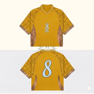 Maillot de football personnalisé pour homme, col en V, manches courtes, imprimé géométrique sublimé, numéro 8, design bleu foncé et marron, évacuation de l'humidité - Product Image 6