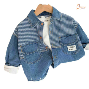 Camisa vaquera a rayas para niños, manga larga, informal, con cuello vuelto y bolsillos, lavada, de corte holgado, manga completa - Product Image 3
