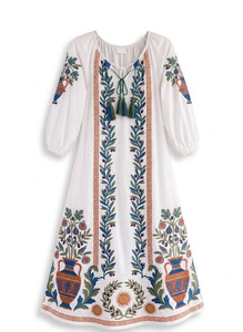 High Quality Mexican Style Embroidered Butterfly Sleeve Kaftan Caftan Wedding Festival Boho 100% Cotton Maxi <b>Dress</b> - Product Image 2