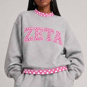 Zeta Custom College <b>Mock</b> <b>Neck</b> Crew <b>Neck</b> Sweatshirt Women Men Ladies Unisex Gingham Patch Polka Dot Chenille Letter - Product Image 2