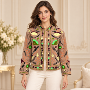 Taupe Velvet Floral <b>Embroidered</b> <b>Jacket</b> <b>for</b> <b>Women</b> | Bohemian Ethnic Autumn Festive Wedding Outerwear Full Sleeves Decorative - Product Image 3