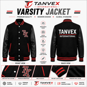 เสื้อแจ็คเก็ตวาร์ซิตี้ TANVEX INTERNATIONAL สำหรับผู้ชาย สีดำ แขนสีแดง ผลิตจากวัสดุผสมขนสัตว์ เป็นมิตรต่อสิ่งแวดล้อม ปักโลโก้ TX ติดกระดุมเม็ดเดียว - Product Image 1