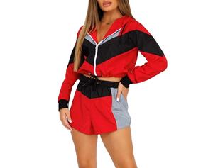 Coupe-vent personnalisé de rue haute avec broderie unie pour femmes de grande taille ensembles courts veste de gymnastique coupe-vent court 2 pièces imperméable - Product Image 3