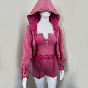 Conjunto de 3 piezas personalizado para mujer: Sudadera corta, corsé sin tirantes y shorts, con efecto desgastado vintage y lavado ácido, ideal para verano. - Product Image 1