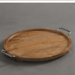 Plateau de rangement rond en bois avec poignées métalliques, design rustique, accessoire de table durable pour cuisine intérieure - Product Image 3