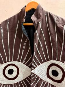 Elegant Dark Grey <b>Velvet</b> Floral Embroidered Suzani <b>Jacket</b> with Eye Pattern Full Sleeve Stand Collar Handmade Boho Winter Coat - Product Image 5