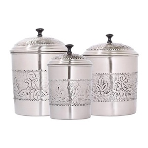 Vintage Silver Kitchen Canister <b>Set</b> of 3 <b>Antique</b> Embossed Floral Metal Food Storage Jars Traditional <b>Tea</b> Coffee Sugar Container - Product Image 1