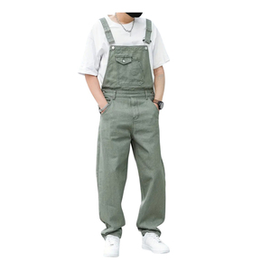 Salopette en jean vert pour homme, couleur unie, taille haute, coupe ample, style décontracté, pantalon en coton pour le printemps - Product Image 1