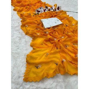 ผ้าส่าหรีงานด้ายผ้าจอร์เจียแนวแฟชั่นพร้อมเสื้อสีเหลือง - Product Image 1