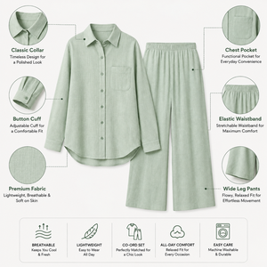 Ensemble coordonné deux pièces pour femmes, chemise à manches longues boutonnée, pantalon large, tenue décontractée légère |   Ensembles décontractés pour tous les jours - Product Image 5