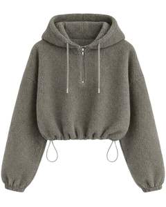 Sudadera Corta con Capucha de Forro Polar Texturizado Gris Oliva, Cierre de Cremallera de un Cuarto, Cintura Ajustable con Cordón, Estilo Casual Urbano, Sudadera Cálida para Hombre, Logotipo Personalizado - Product Image 1