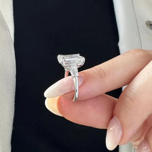 Five Carat <b>Emerald</b> Cut Moissanite Engagement <b>Ring</b> 925 <b>Silver</b> Prong Setting Three Stone Bridal <b>Ring</b> for Wedding Anniversary Party - Product Image 3