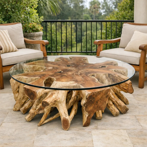 Organic Solid Teak Root <b>Coffee</b> <b>Table</b> with Round Glass Top <b>Rustic</b> Modern Design Live Edge Natural Wood Luxury Furniture - Product Image 4