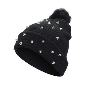 <b>Winter</b> Warm Spiked Beanie with Faux Fur Pom Pom Punk Style Gothic Knitted <b>Hat</b> for <b>Men</b> & Women Custom Streetwear Y2K Bobble <b>Hat</b> - Product Image 2