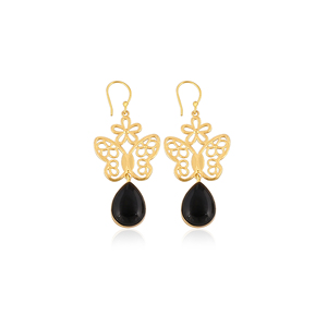 Boucles d'oreilles papillon en onyx noir naturel, plaquées or, faites à la main, serties de pierres, bijoux pour femmes - Product Image 1