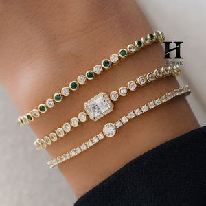 18K Gold Bezel-Set Tennis <b>Bracelet</b> with Emerald-Cut Halo Station – Elegant Gold Diamond <b>Bracelet</b> - Product Image 5