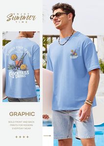 Camiseta de Manga Corta Azul Claro para Hombre con Estampado de Cóctel, Estilo Veraniego, Cuello Redondo, Corte Regular, Algodón Jersey, Diseño Transpirable - Product Image 4