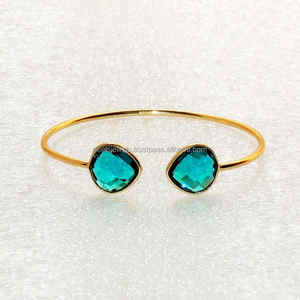 Blue Apatite Quartz Gemstone Gold Plated Heart Shape Faceted <b>Bangle</b> Cuff <b>Bracelet</b> Adjustable Party Christian - Product Image 3