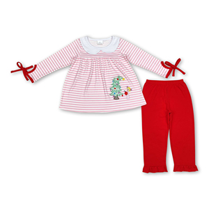 OEM/ODM/RTS Conjunto de ropa infantil para niñas, pijama con túnica de árbol de Navidad con rayas rosas y pantalones con volantes. - Product Image 4