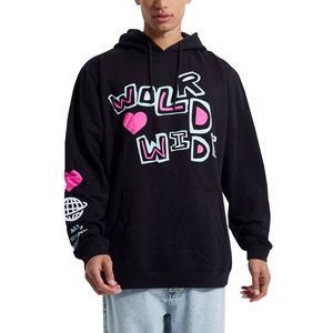Sudadera con Capucha Estampada con Corazones, Resistente al Viento, para Hombre, Estilo Urbano, Oversize, Negra, de Algodón 300g, con Bolsillos - Product Image 1