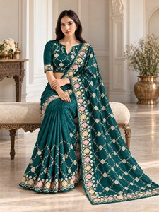 Sari de Seda Verde Esmeralda, Largo hasta el Suelo, con Bordado Floral, Estilo Banarasi, Atuendo Indio-Pakistaní para Bodas y Fiestas - Product Image 2