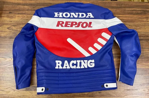 Blouson de moto en cuir AERO AFI unisexe, coloris bleu, blanc et rouge, coupe-vent, manches longues, pour la course printanière - Product Image 3
