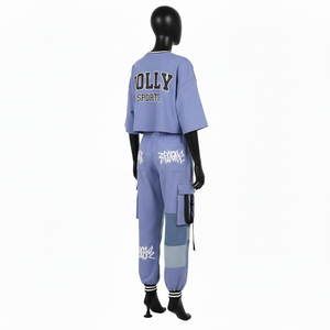 Conjunto de Pantalones Cargo y Top Corto de Felpa Francesa de Algodón Lavanda de 240 GSM para Mujer, Diseño de Paneles, Impresión de Pantalla, Logotipo Personalizado - Product Image 5