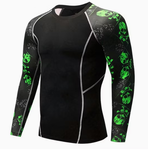 Camiseta de Compresión de Manga Larga para Hombre, Diseño de Calavera en Negro y Verde, Secado Rápido, Ropa Deportiva para Entrenamiento de MMA, BJJ y Boxeo - Product Image 1