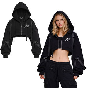 Hoodie court zippé pour femme avec détails de sangle, style streetwear, en molleton de coton, coupe oversize, pour femme, style techwear, 100% coton, OEM - Product Image 4