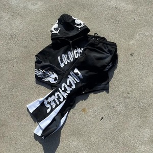 Conjuntos de dos piezas con logotipo bordado y apliques desgastados personalizados, chándal para correr, chándal acampanado Unisex, lavado ácido, trajes para correr para hombres - Product Image 5