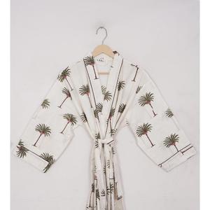 เสื้อคลุมกิโมโนผ้าฝ้ายลายดอกไม้สไตล์โบฮีเมียนเสื้อคลุมอาบน้ำพิมพ์ลายบล็อกยาวน้ำหนักเบาเสื้อคลุมเลานจ์ผูกเอวชุดคลุมสำหรับใส่ในรีสอร์ท - Product Image 3