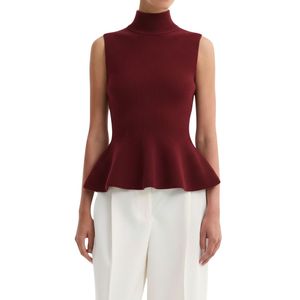 Pull sans manches pour femme, couleur bordeaux, en maille côtelée, col roulé, coupe ajustée, avec ourlet peplum, style streetwear court - Product Image 1