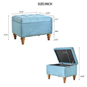 Poufs carrés en velours bleu clair avec charnières de support cachées, dessus facile à ouvrir et rivets, espace de rangement, tabourets et poufs - Product Image 5