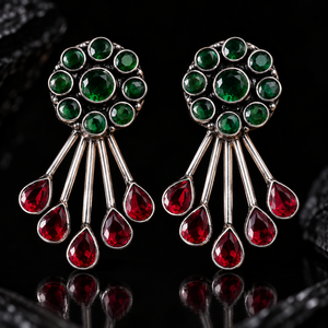 Oxidized Silver Zircon Flower Design Multi Gemstone Dangle Drop Earrings Wholesale Handmade Designer for Women Bulk Supplier - Product Image 4